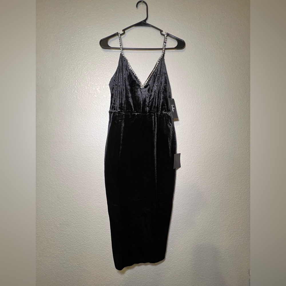 Lulus Glam Gorgeous Black Velvet Rhinestone Bodycon Midi Dress | Size M